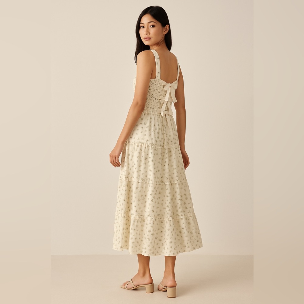 Creamon, 🆕 Ivory Floral Smocked Tiered Midi Dress, Size S | 0088